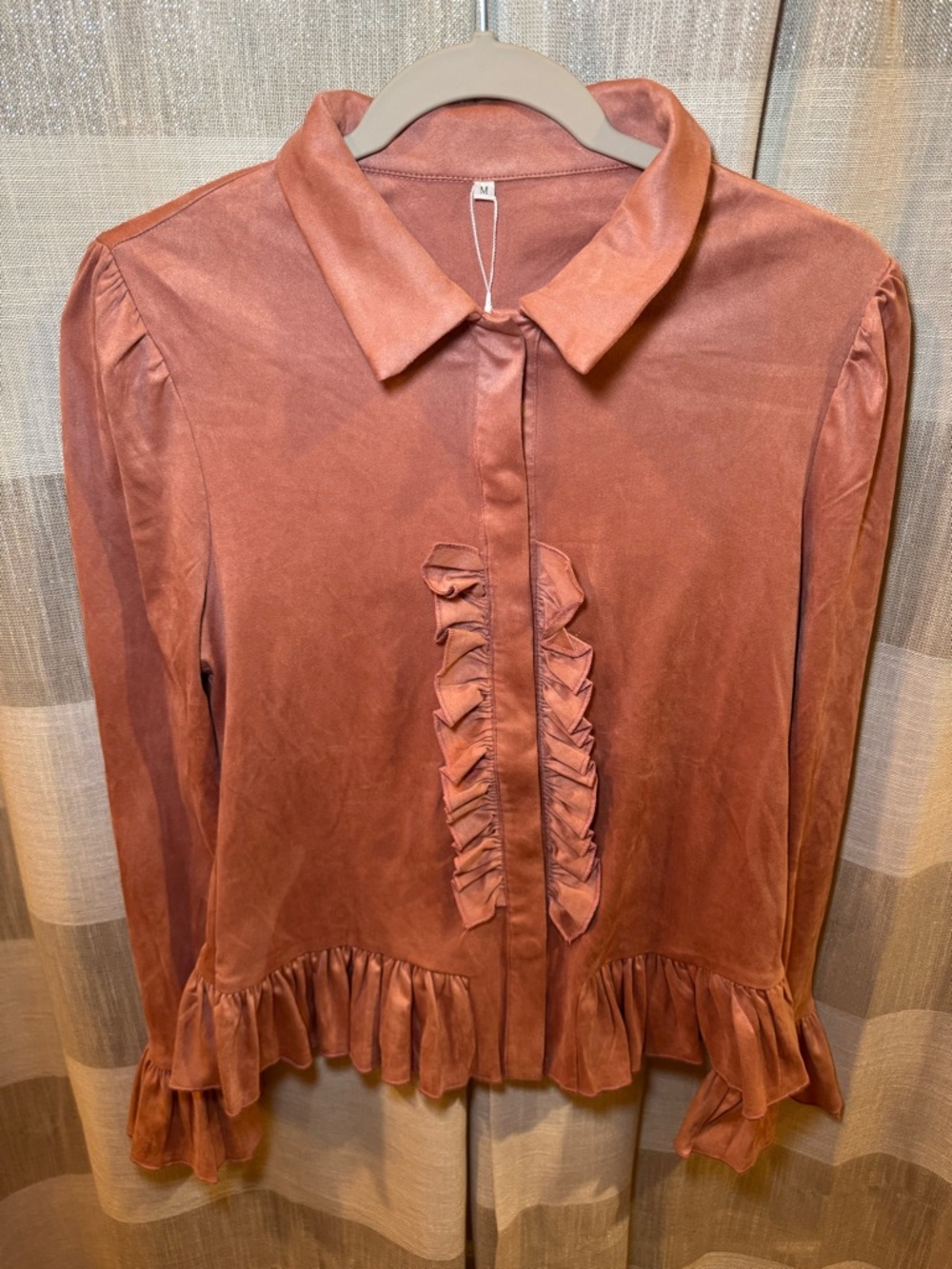Dusty Rose Ruffled Button-Up Blouse - Picture 5 of 6